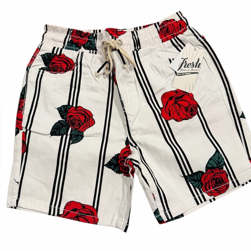Fresh Prince of Bel-Air Inspired Rose Print Shorts White‎ Black Stripe Small
